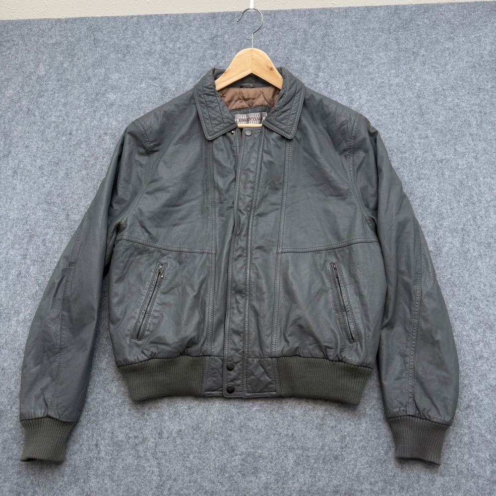 Essentials by DSI Vintage Gray Leather Bomber Jacket Mens Size 44 RN 60163